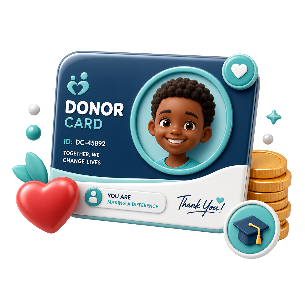 3D illustration of a donor card with a sponsored child