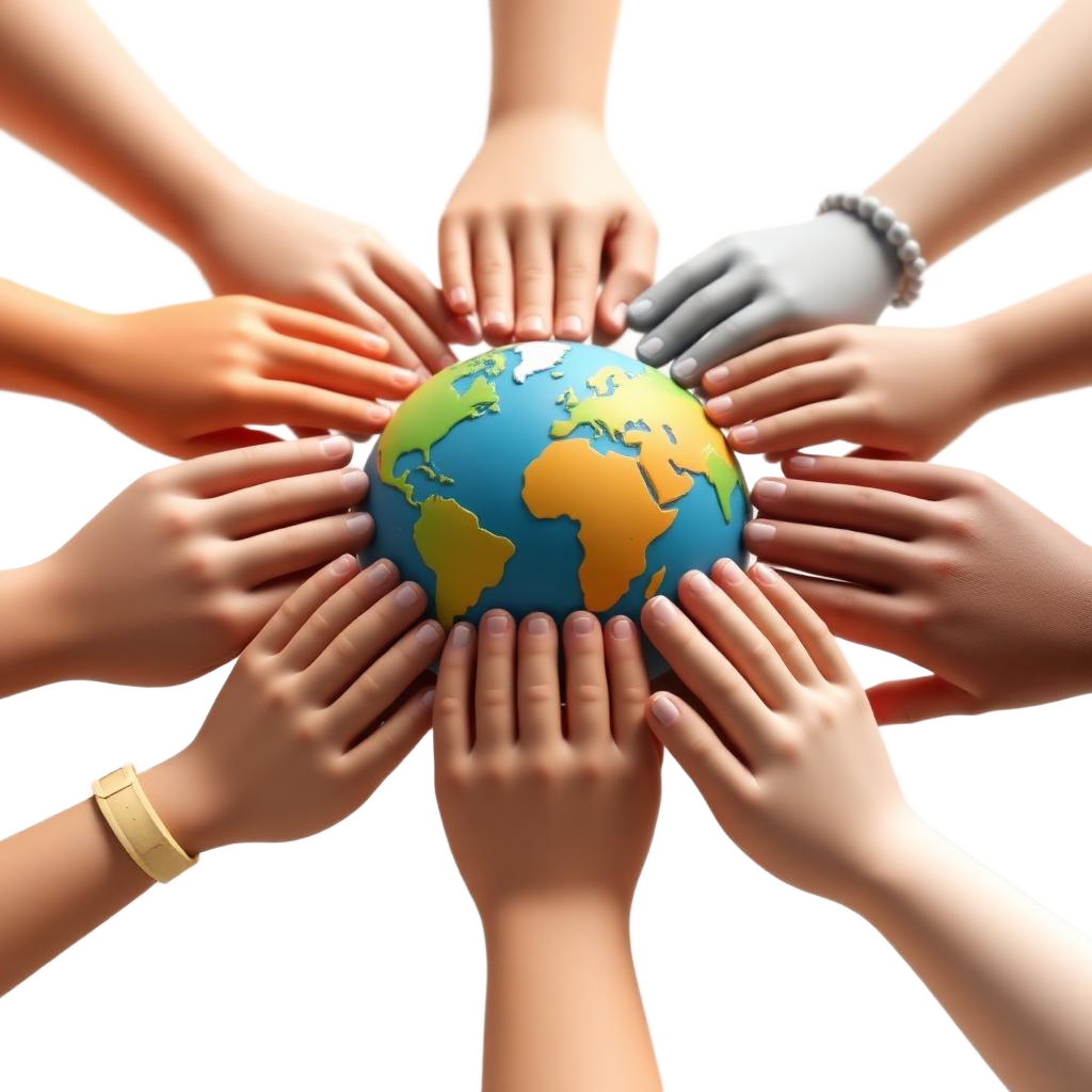 3D illustration of joined hands around a globe