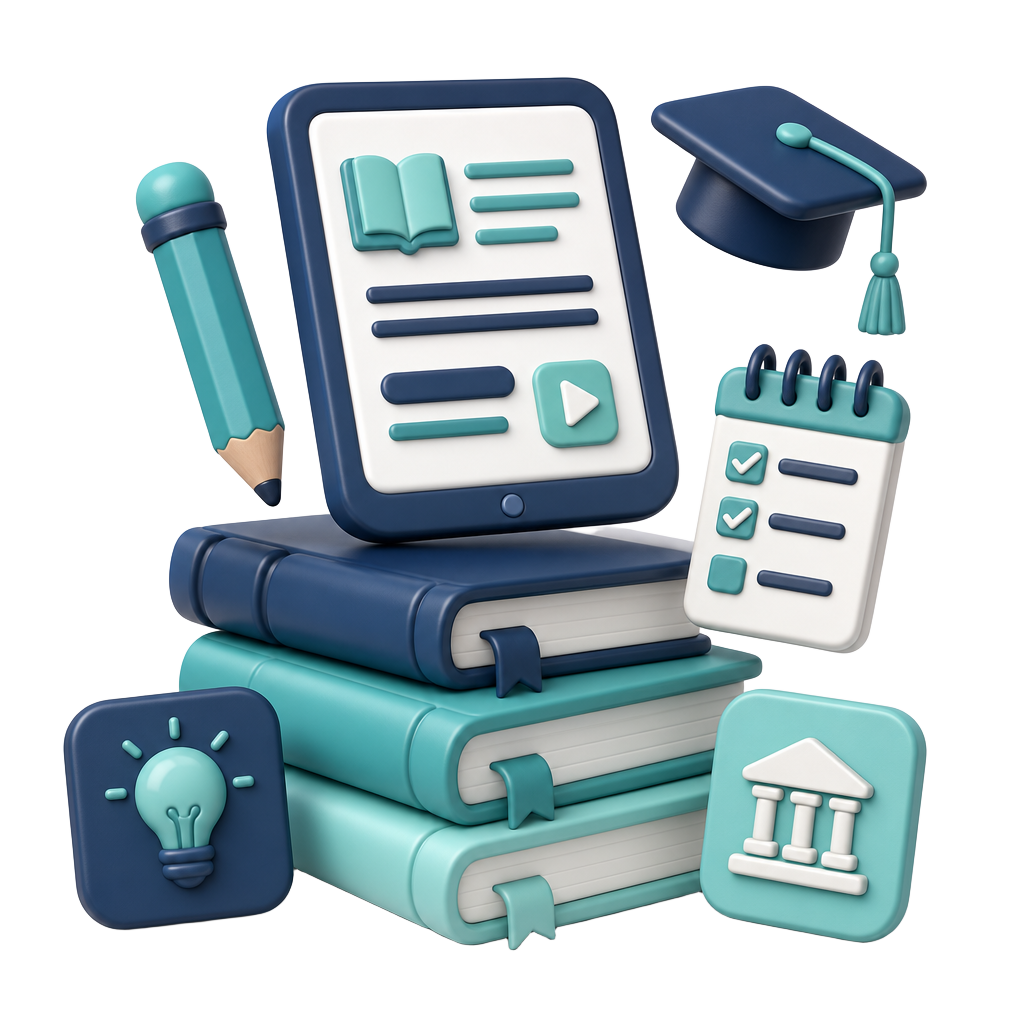 3D illustration of books, tablet, graduation cap and learning tiles