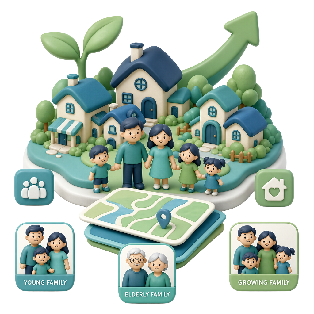3D illustration of families, homes and growing community