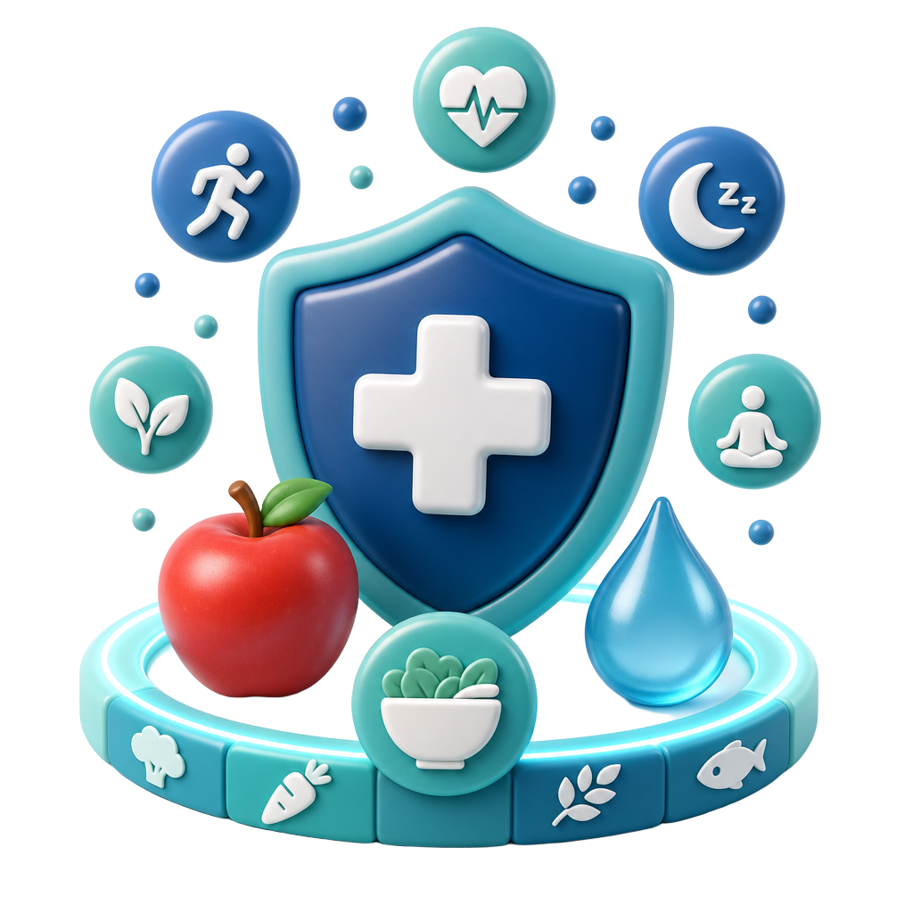 3D illustration of a medical shield with nutrition and wellness icons